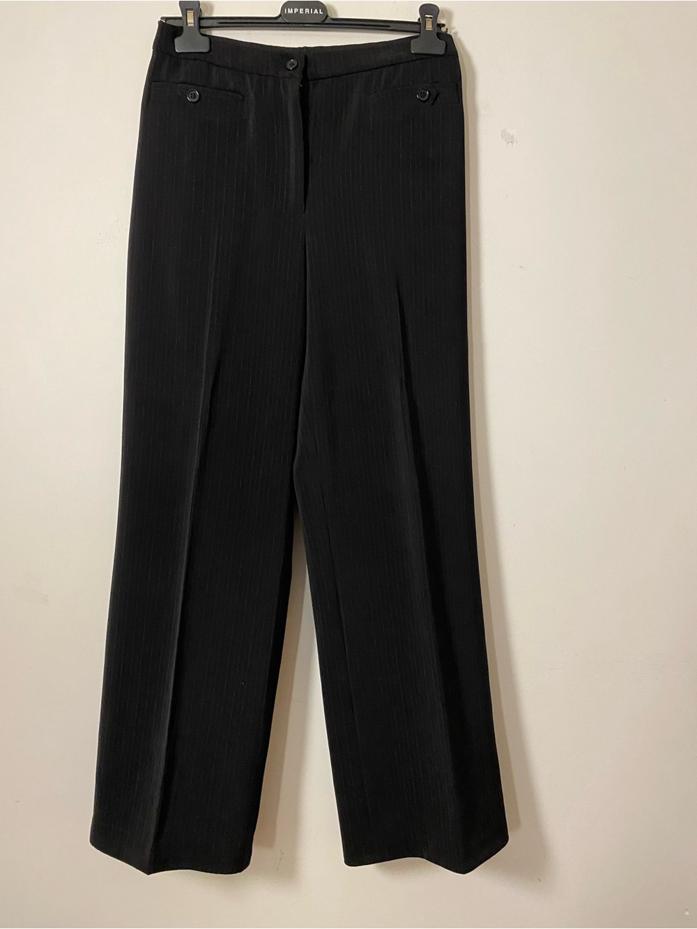 Black Pinstripe Wide-Leg Dress Pants by Lindor